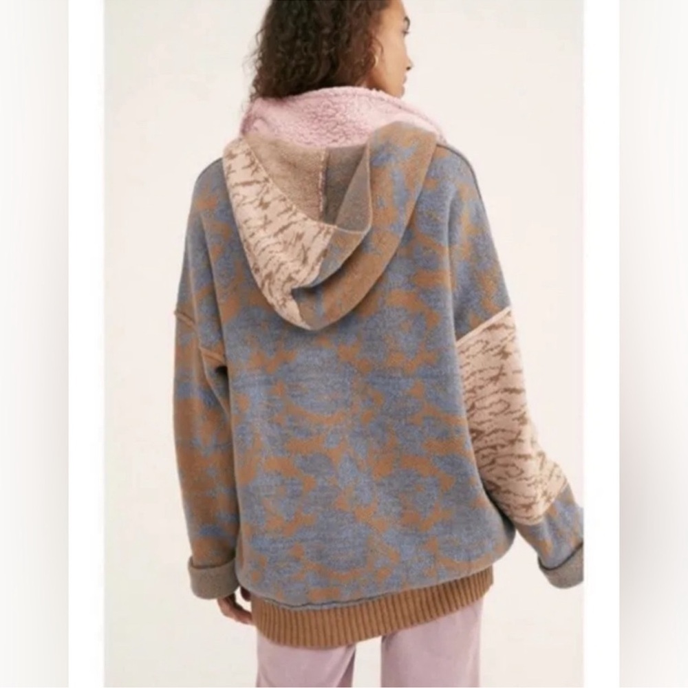 Free People In Bloom Hooded Sweater Cardigan Zip Hoodie Tan Brown Pink Blue XS - Picture 2 of 15